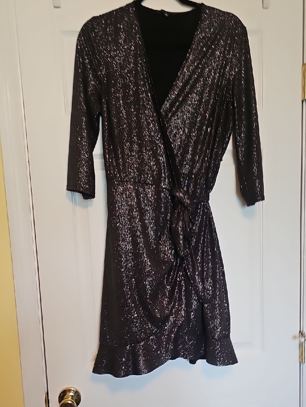 Black Sparkle Long-Sleeve Wrap Dress with Tie Waist